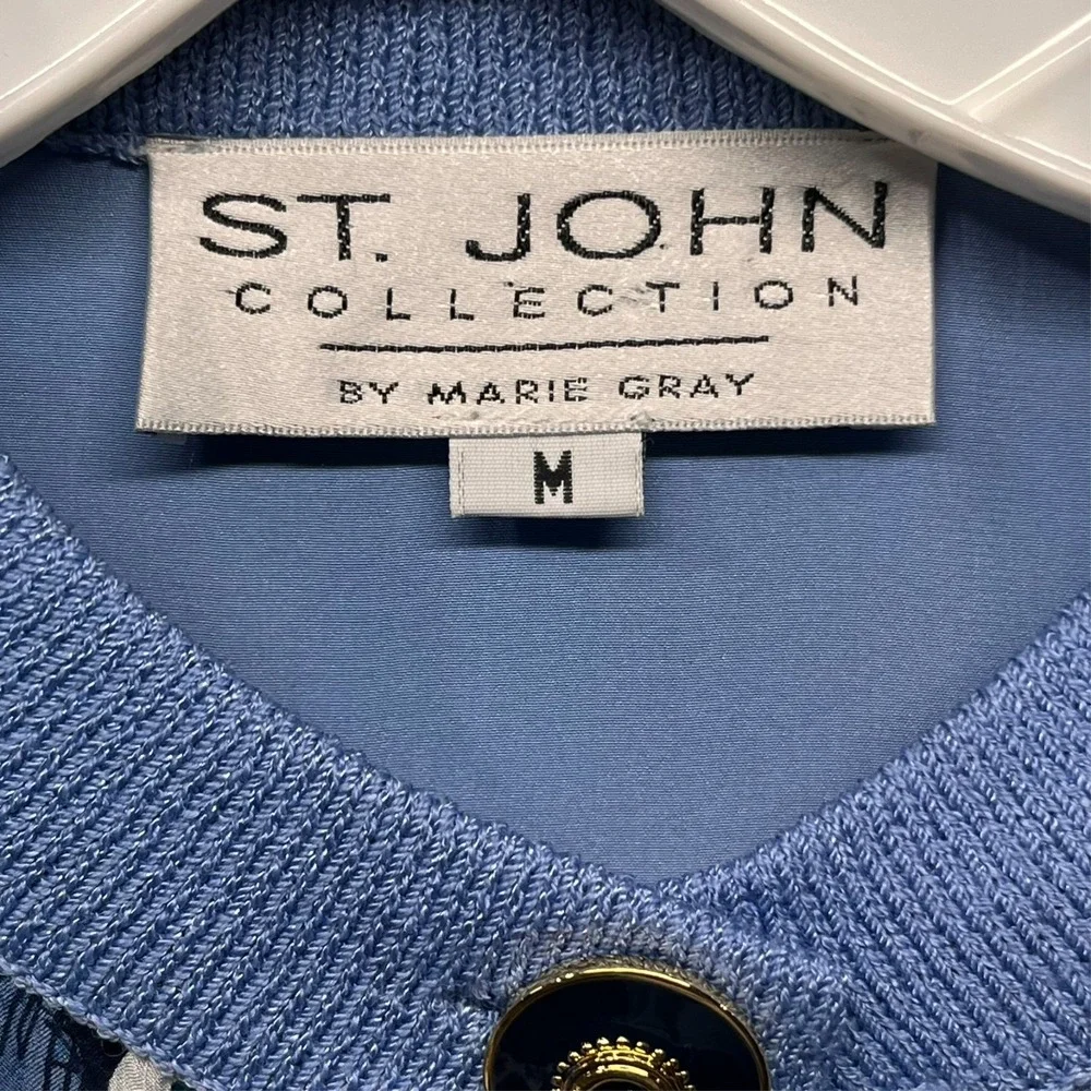 St John Collection Knit Cardigan Womens M Blue Abstract Silk‎ Lining & Scarf VTG